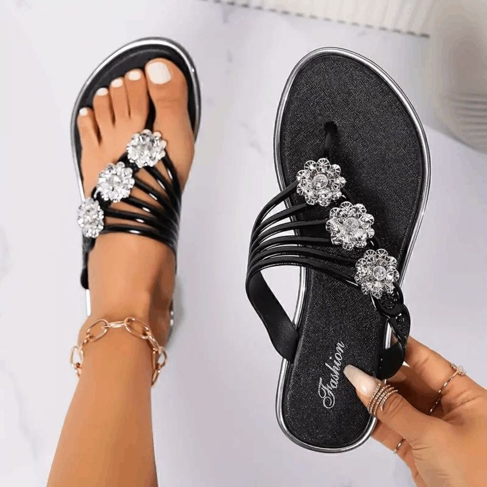 Flower Rhinestone Slip On Flip-Flops - Black - Picture 3 of 6